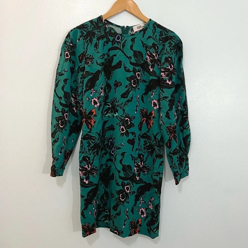 Diane Von Furstenberg Collins Green Floral Satin Sheath Dress Butterfly Mini 2